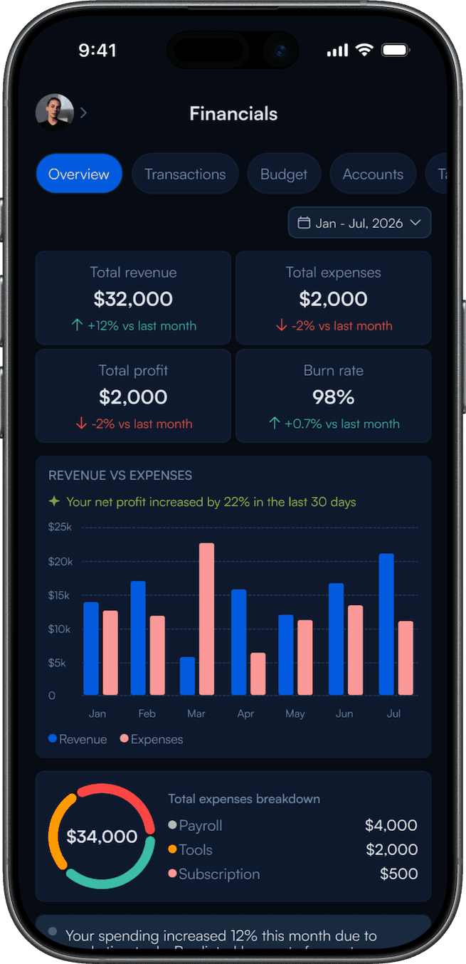The Lymb app showing revenue, expenses, profit and a burn-rate chart.