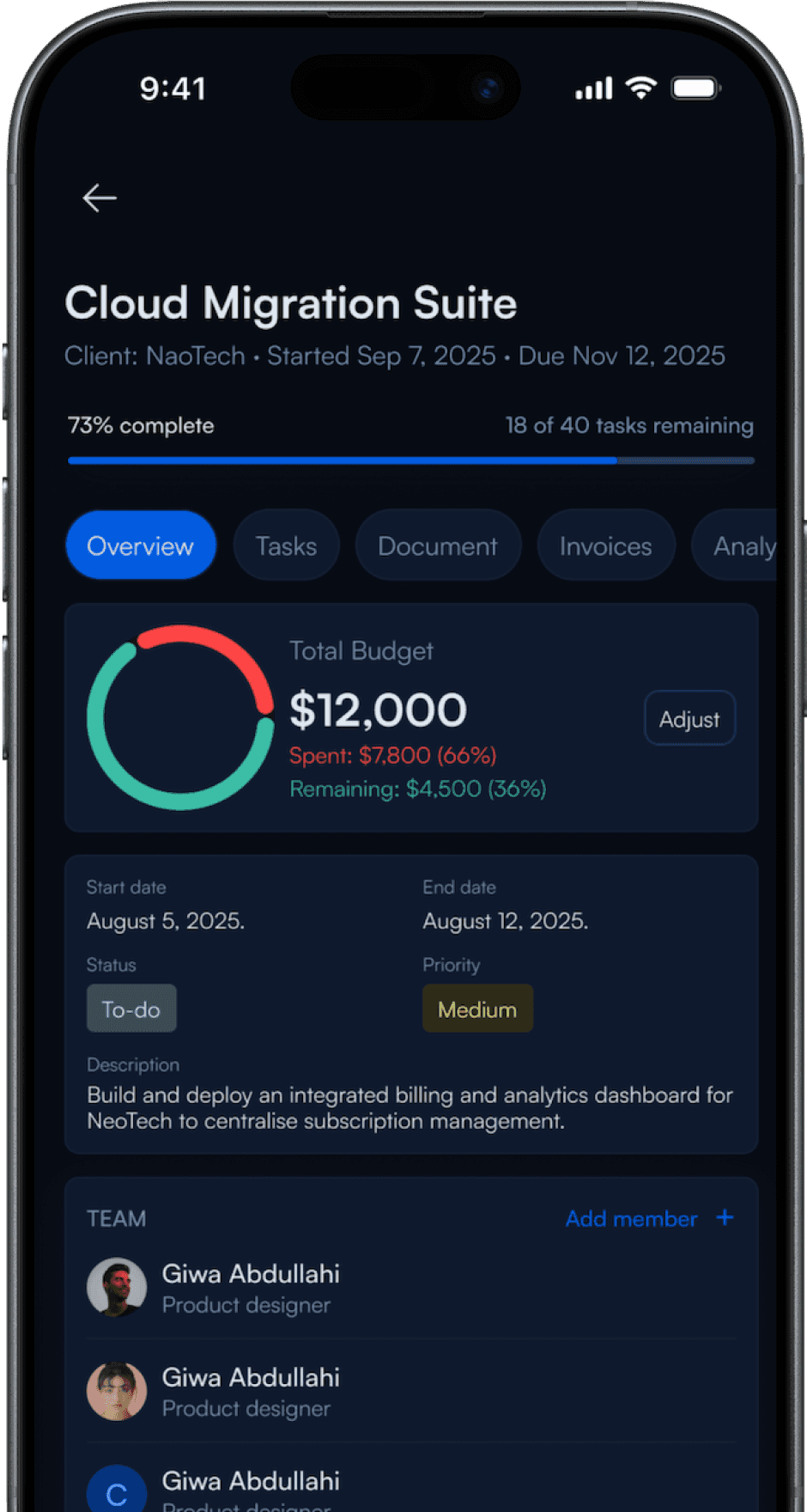 The Lymb app showing a project's budget, dates and task list.