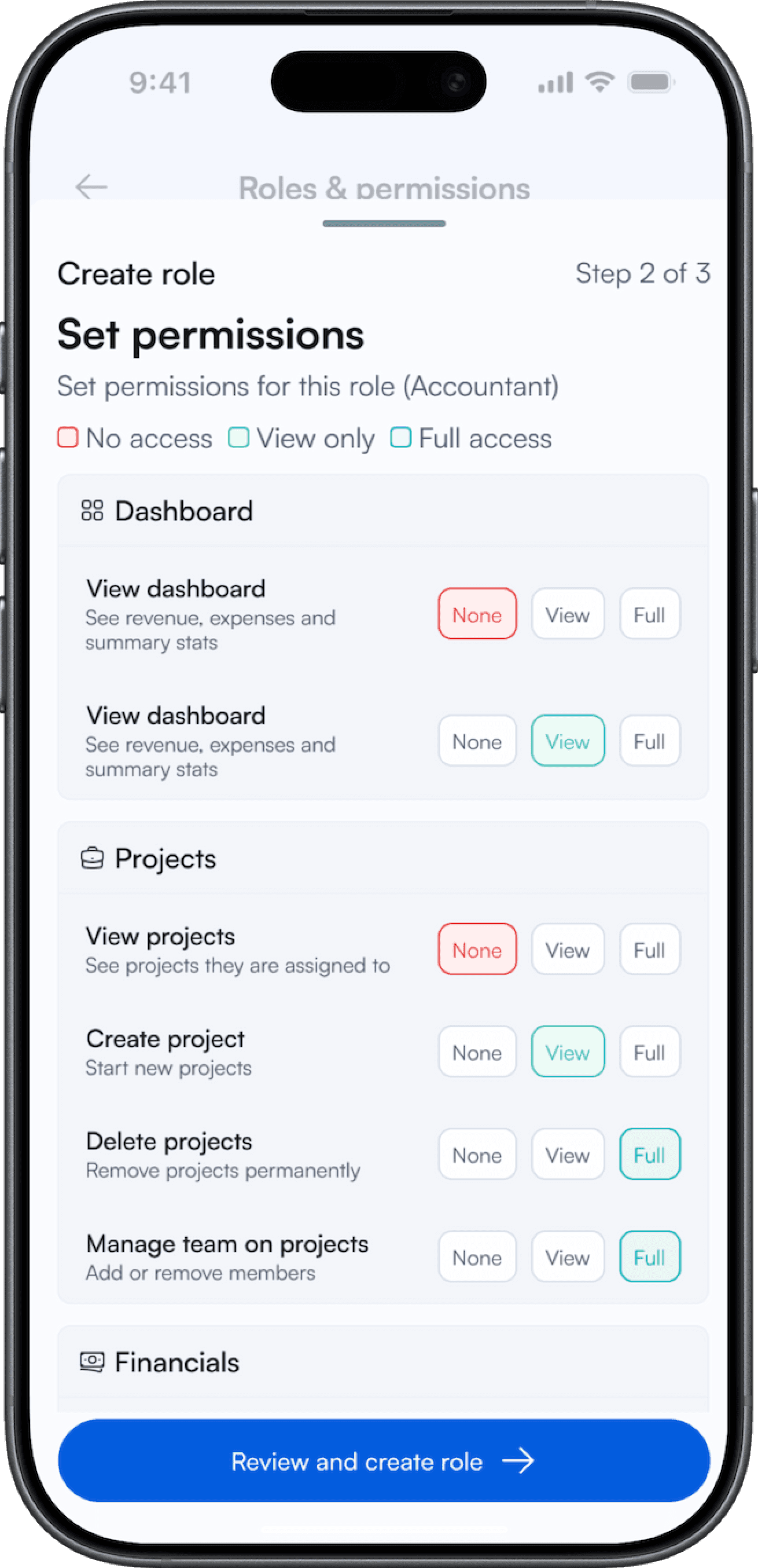 The Lymb app's roles and permissions screen, setting access per area.